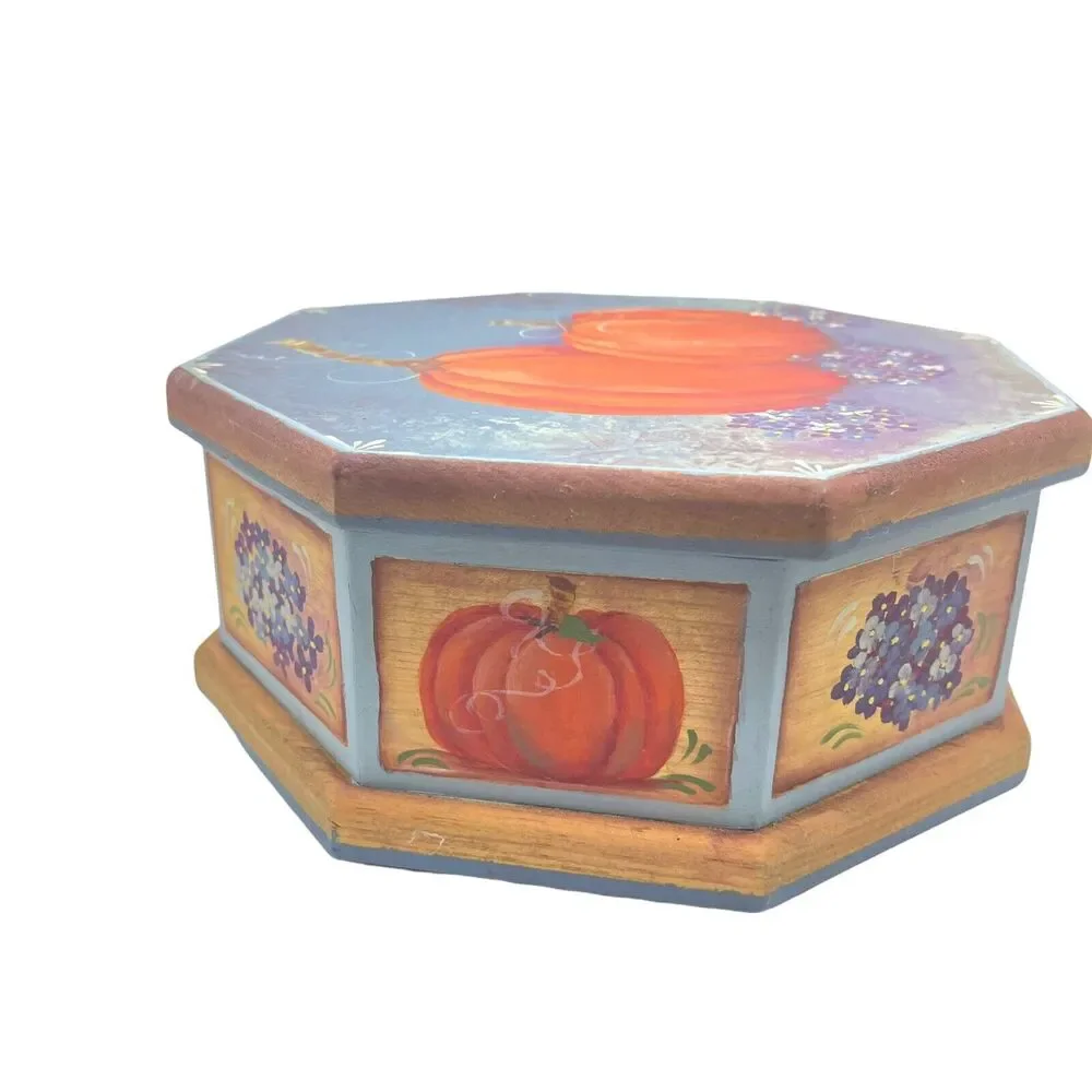 Pumpkin Painted Wooden Box Tole Paint Fall Harvest Thanksgiving Vintage Art